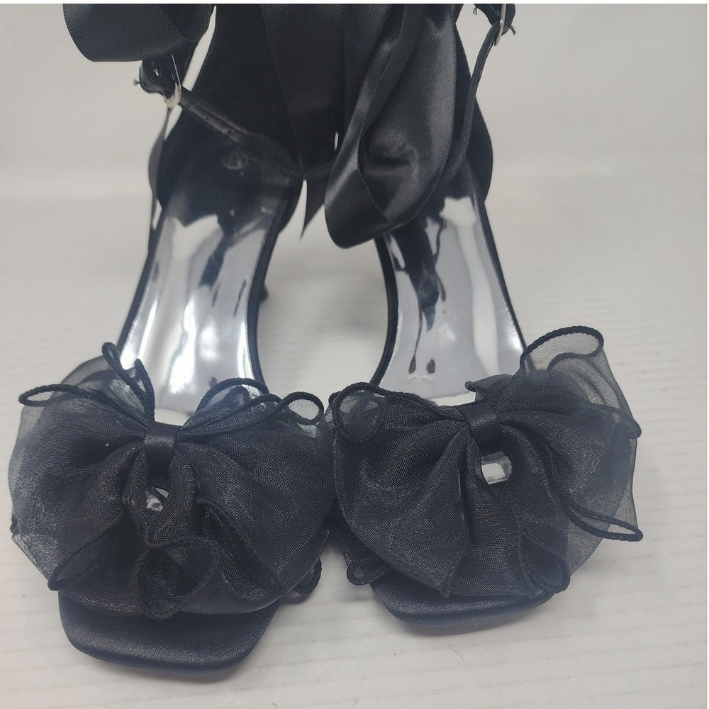 Black Satin Organza Bow Kitten Heels Ankle Tie Evening Sandals Square‎ Toe 6.5 - Picture 6 of 10